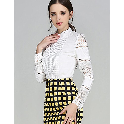 Women's Plus Size Simple Fall BlouseSolid Round Neck Long Sleeve White Polyester Opaque